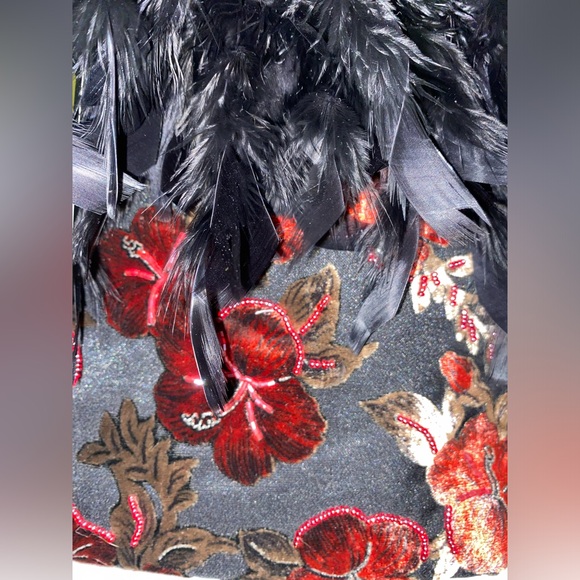 Elka Vtg Black Ostrich Featherrs Hibiscus Floral Print Embellished Shoulder Bag - Picture 3 of 7